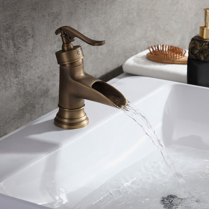 HMR - Single Hole Waterfall Bathroom Sink Faucet Solid Brass in Antique Brass