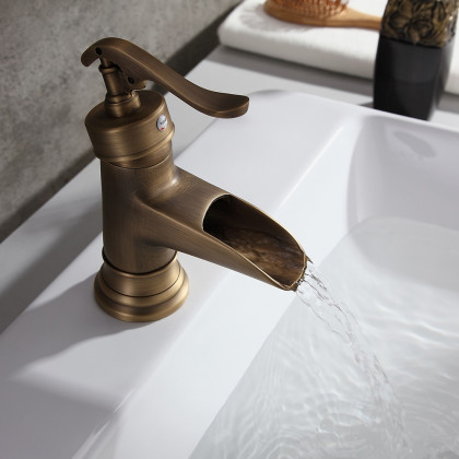 HMR - Single Hole Waterfall Bathroom Sink Faucet Solid Brass in Antique Brass