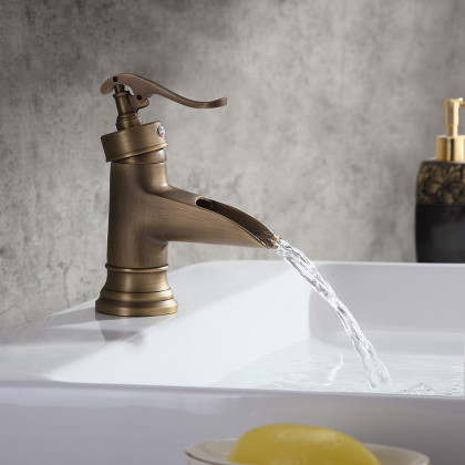 HMR - Single Hole Waterfall Bathroom Sink Faucet Solid Brass in Antique Brass