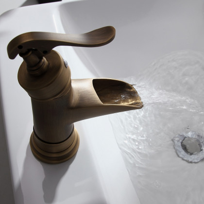 HMR - Single Hole Waterfall Bathroom Sink Faucet Solid Brass in Antique Brass