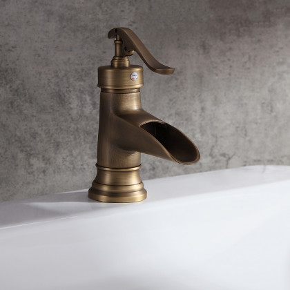 HMR - Single Hole Waterfall Bathroom Sink Faucet Solid Brass in Antique Brass