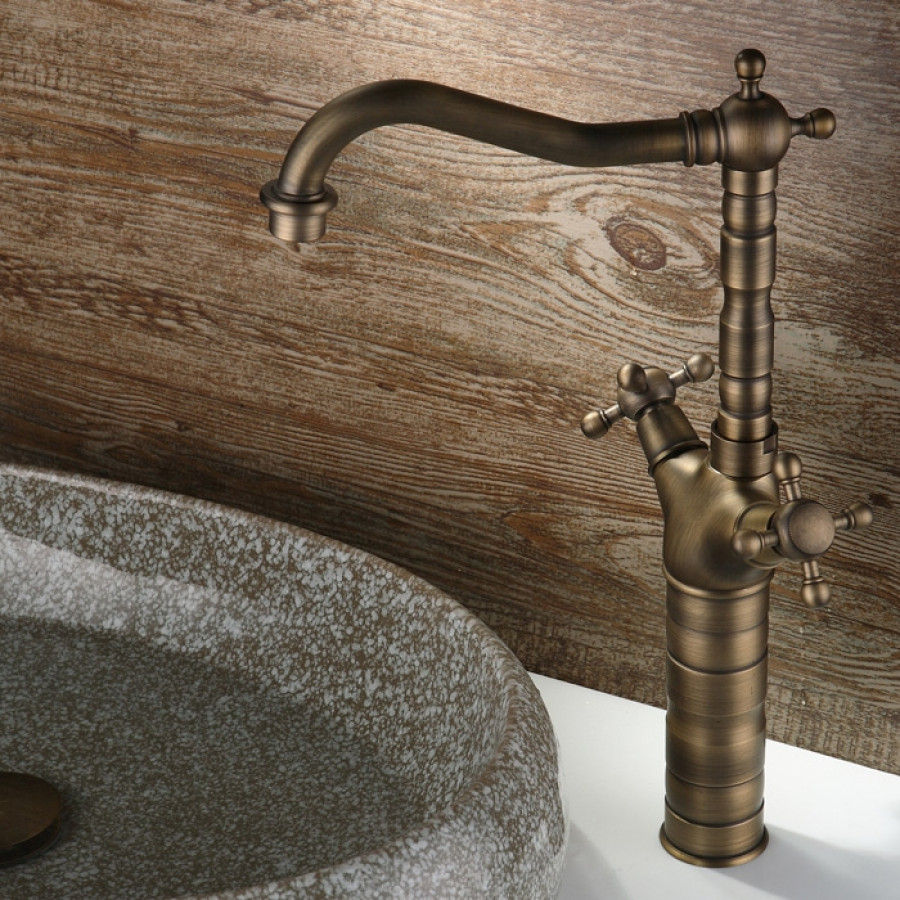 HMR - Classic Style Double Cross Handle Bathroom Faucet in Antique Brass