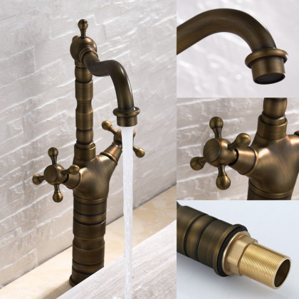 HMR - Classic Style Double Cross Handle Bathroom Faucet in Antique Brass