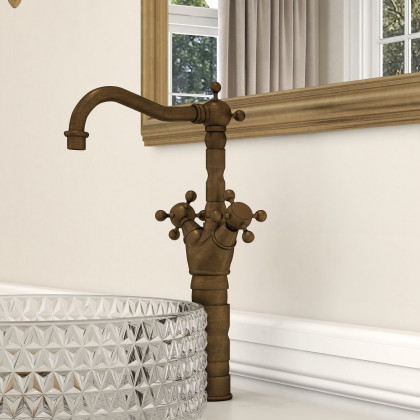 HMR - Classic Style Double Cross Handle Bathroom Faucet in Antique Brass