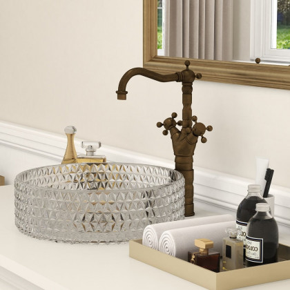 HMR - Classic Style Double Cross Handle Bathroom Faucet in Antique Brass