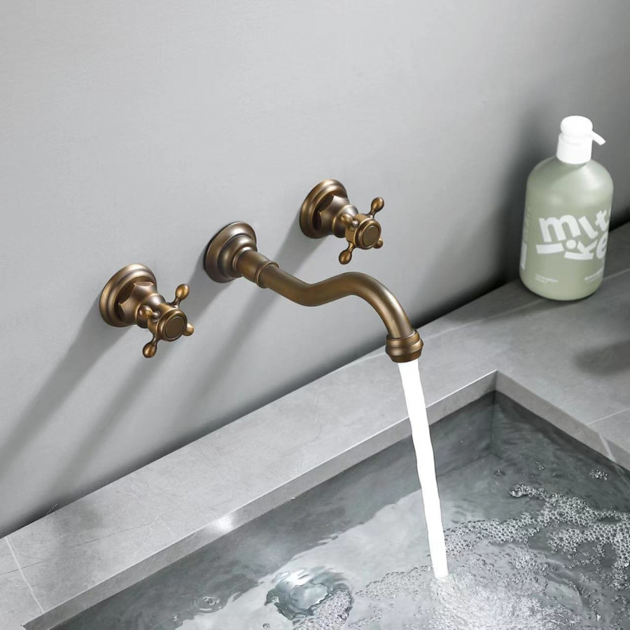 HMR - Wall Mount Bathroom Sink Faucet with 2 Cross Handles in Antique Brass