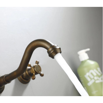 HMR - Wall Mount Bathroom Sink Faucet with 2 Cross Handles in Antique Brass
