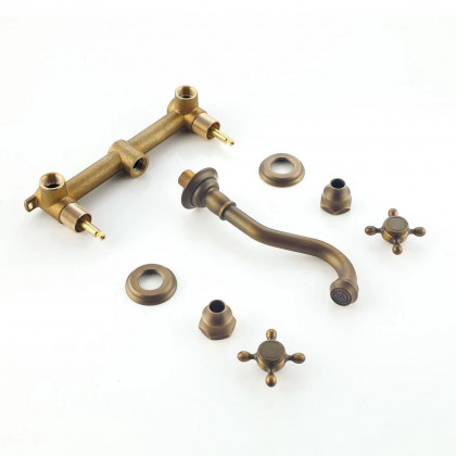 HMR - Wall Mount Bathroom Sink Faucet with 2 Cross Handles in Antique Brass