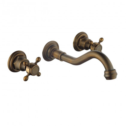HMR - Wall Mount Bathroom Sink Faucet with 2 Cross Handles in Antique Brass