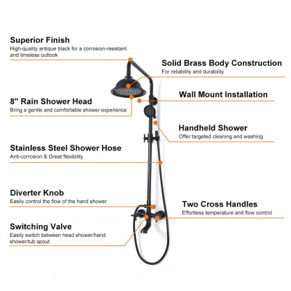 HMR - Vintage Bathroom Rainfall Shower System Handheld Shower in Antique Black