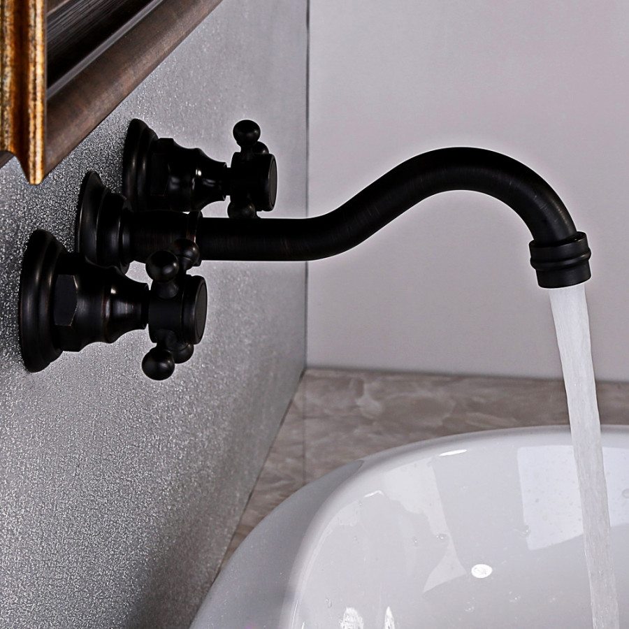 HMR - Chester Wall Mount Sink Faucet Double Cross Handle in Black, Brass