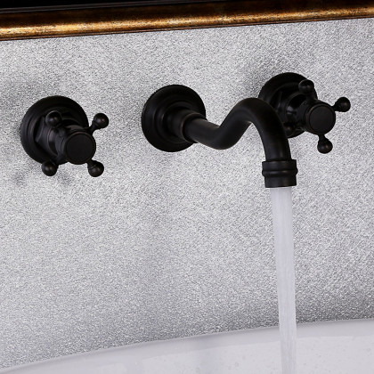 HMR - Chester Wall Mount Sink Faucet Double Cross Handle in Black, Brass