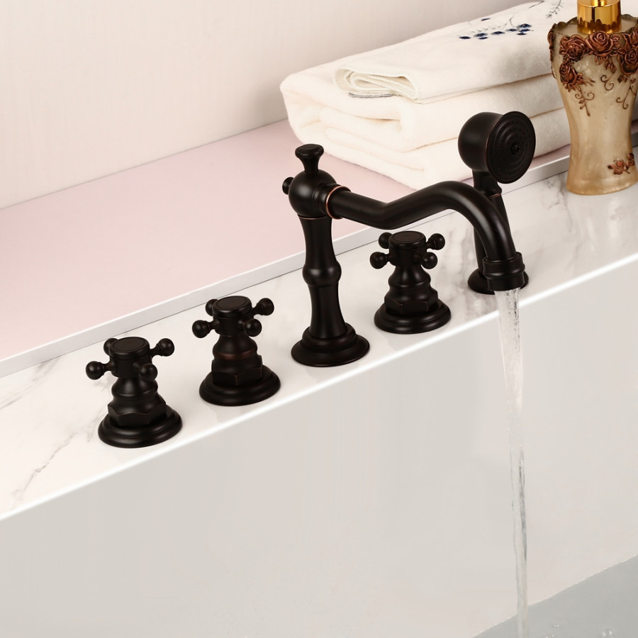 HMR - Chester Triple Cross Handles Deck Mounted Faucet in Black, Brass