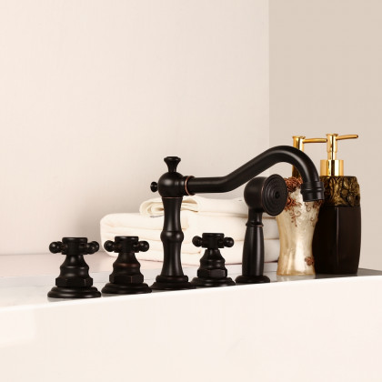 HMR - Chester Triple Cross Handles Deck Mounted Faucet in Black, Brass