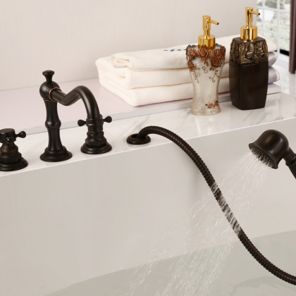 HMR - Chester Triple Cross Handles Deck Mounted Faucet in Black, Brass