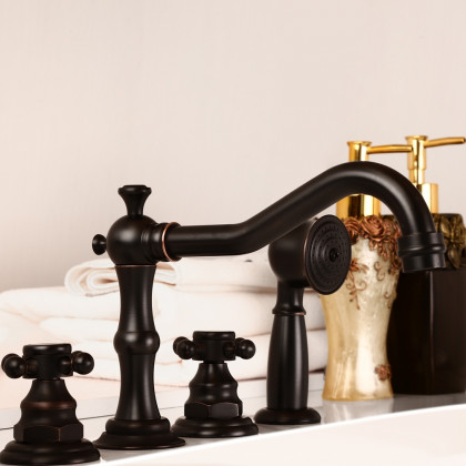 HMR - Chester Triple Cross Handles Deck Mounted Faucet in Black, Brass