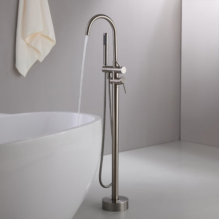 HMR - Brewst Freestanding Faucet with Hand Shower in Brushed Nickel, Brass