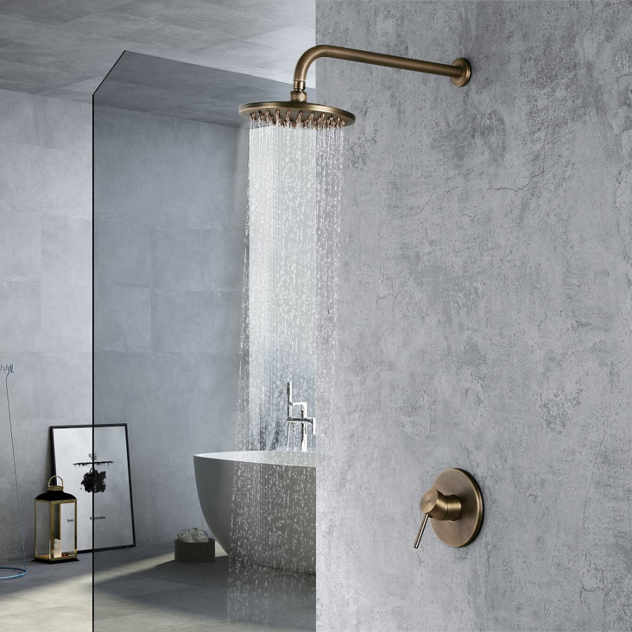 HMR - Round Rain Showerhead Wall Mount Shower System in Antique Brass