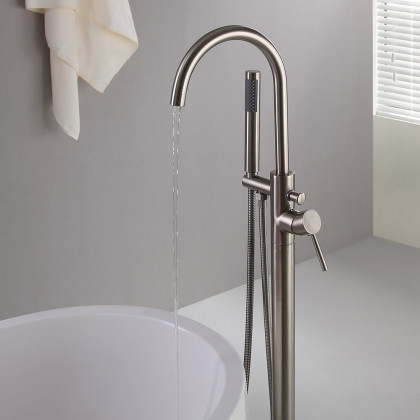 HMR - Brewst Freestanding Bathtub Faucet Floor Mount in Brass, Brushed Nickel