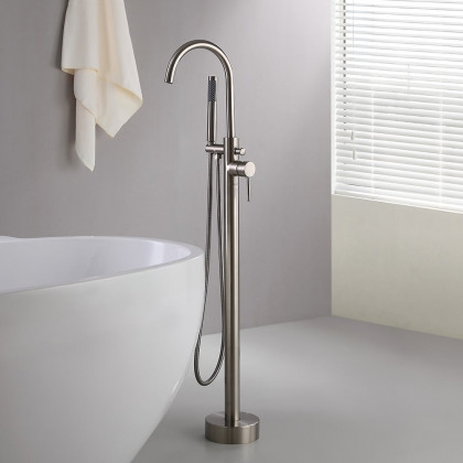 HMR - Brewst Freestanding Bathtub Faucet Floor Mount in Brass, Brushed Nickel