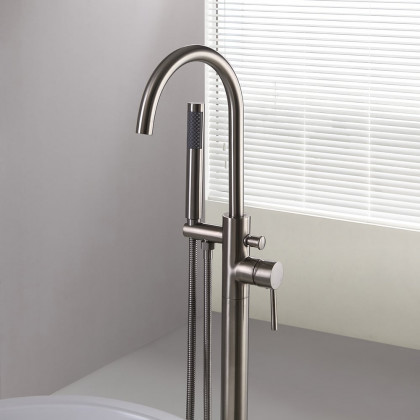 HMR - Brewst Freestanding Bathtub Faucet Floor Mount in Brass, Brushed Nickel