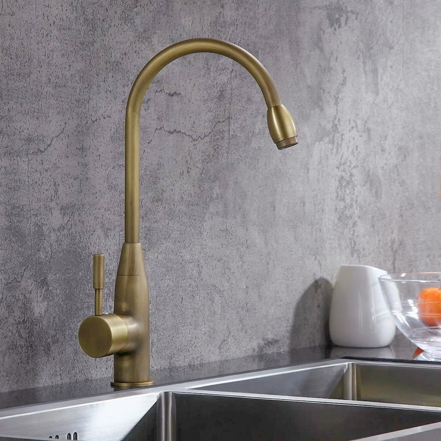 HMR - Stev Classic Goosenecked Single Handle 1-Hole Kitchen Faucet Solid Brass in Antique Brass