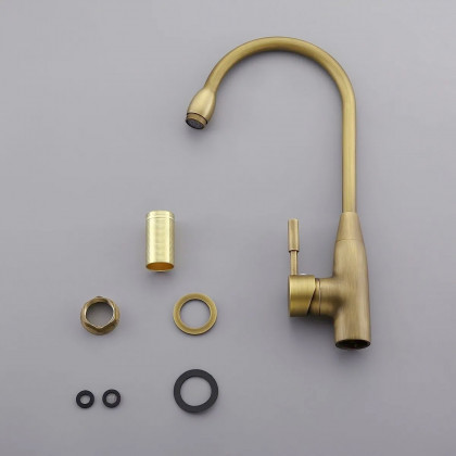 HMR - Stev Classic Goosenecked Single Handle 1-Hole Kitchen Faucet Solid Brass in Antique Brass