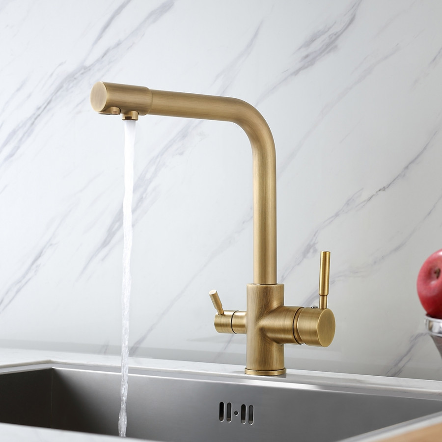 HMR - Stev Single Hole Dual Handle Kitchen Faucet with Water Filtering in Antique Brass
