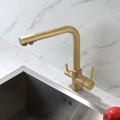 HMR - Stev Single Hole Dual Handle Kitchen Faucet with Water Filtering in Antique Brass