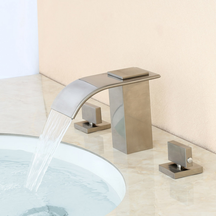 HMR - Double Knob Handle Widespread Brass Bathroom Sink Faucet in Brushed Nickel