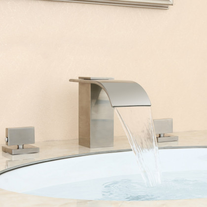 HMR - Double Knob Handle Widespread Brass Bathroom Sink Faucet in Brushed Nickel