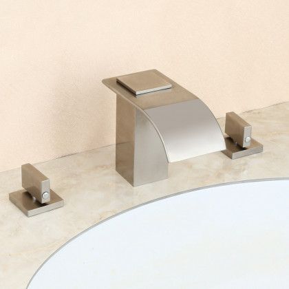 HMR - Double Knob Handle Widespread Brass Bathroom Sink Faucet in Brushed Nickel