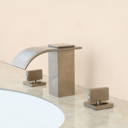 HMR - Double Knob Handle Widespread Brass Bathroom Sink Faucet in Brushed Nickel