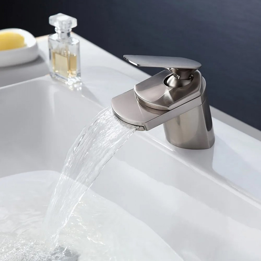 HMR - Modern 1-Hole Waterfall Bathroom Sink Faucet in Brushed Nickel and Solid Brass