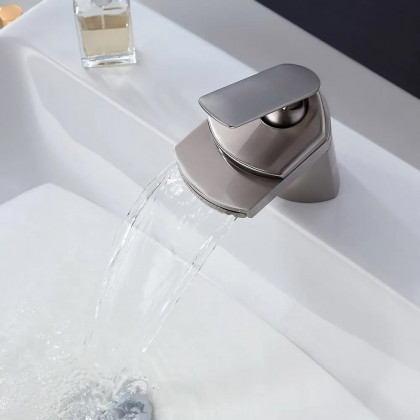 HMR - Modern 1-Hole Waterfall Bathroom Sink Faucet in Brushed Nickel and Solid Brass