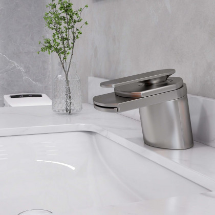 HMR - Modern 1-Hole Waterfall Bathroom Sink Faucet in Brushed Nickel and Solid Brass