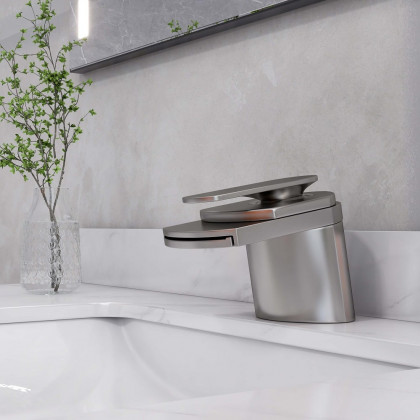 HMR - Modern 1-Hole Waterfall Bathroom Sink Faucet in Brushed Nickel and Solid Brass