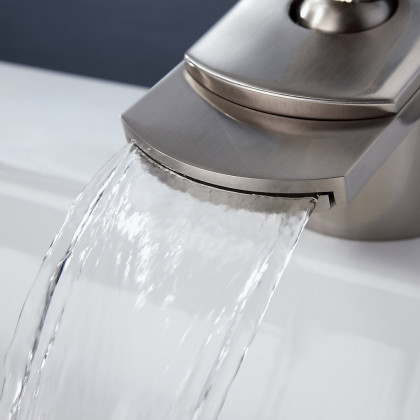 HMR - Modern 1-Hole Waterfall Bathroom Sink Faucet in Brushed Nickel and Solid Brass