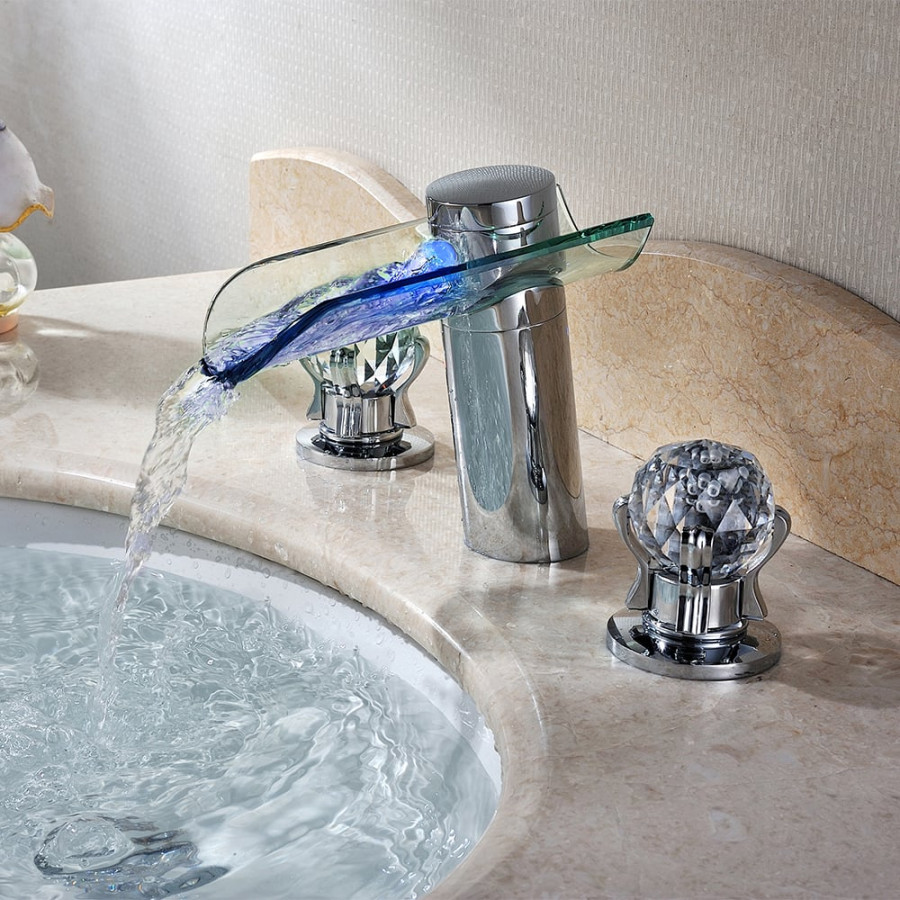 HMR - Morga LED Waterfall Bathroom Widespread Sink Faucet with Crystal Handles in Chrome