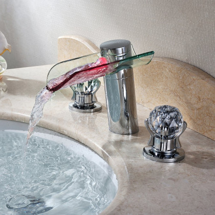 HMR - Morga LED Waterfall Bathroom Widespread Sink Faucet with Crystal Handles in Chrome