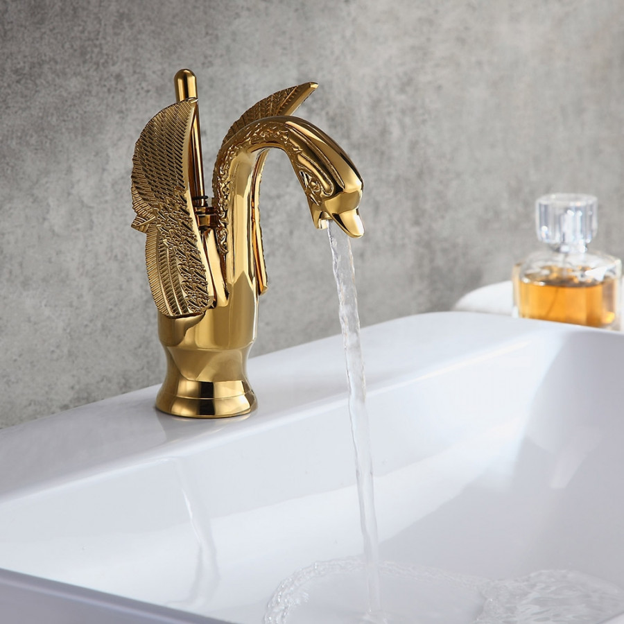 HMR - Solid Brass Bathroom Sink Faucet with one Hole Swan Classic Style in Gold