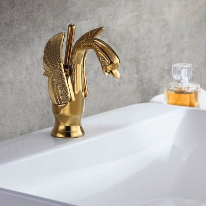 HMR - Solid Brass Bathroom Sink Faucet with one Hole Swan Classic Style in Gold