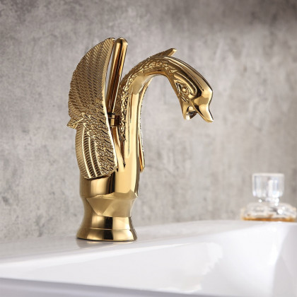 HMR - Solid Brass Bathroom Sink Faucet with one Hole Swan Classic Style in Gold