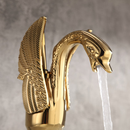 HMR - Solid Brass Bathroom Sink Faucet with one Hole Swan Classic Style in Gold