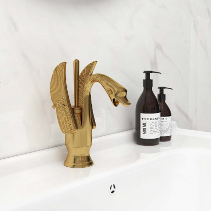 HMR - Solid Brass Bathroom Sink Faucet with one Hole Swan Classic Style in Gold