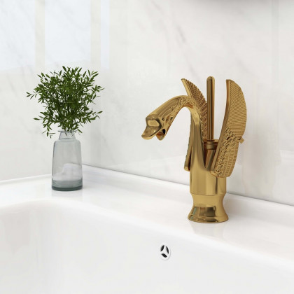 HMR - Solid Brass Bathroom Sink Faucet with one Hole Swan Classic Style in Gold