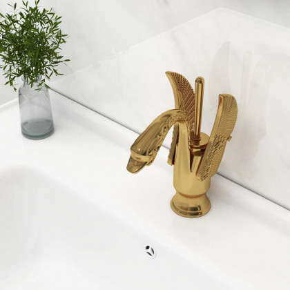 HMR - Solid Brass Bathroom Sink Faucet with one Hole Swan Classic Style in Gold