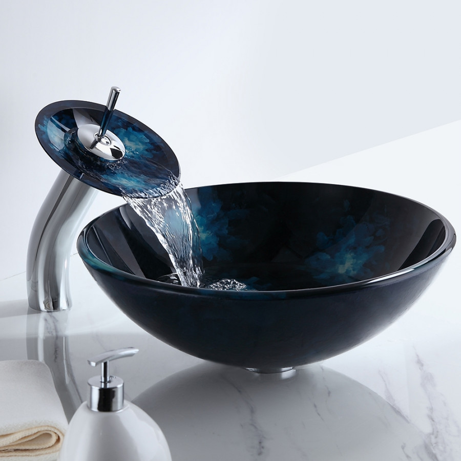 HMR - Circular Vessel Sink Faucet Pop-Up Drain in Dark Blue, Tempered Glass