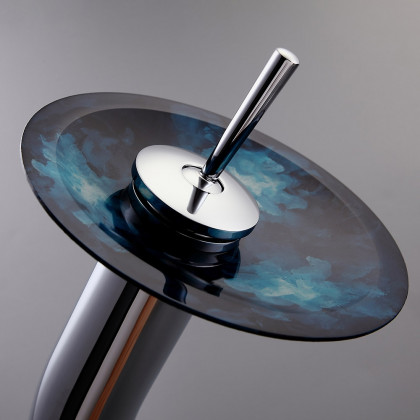 HMR - Circular Vessel Sink Faucet Pop-Up Drain in Dark Blue, Tempered Glass