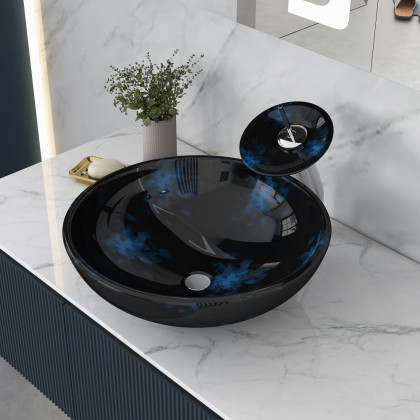 HMR - Circular Vessel Sink Faucet Pop-Up Drain in Dark Blue, Tempered Glass